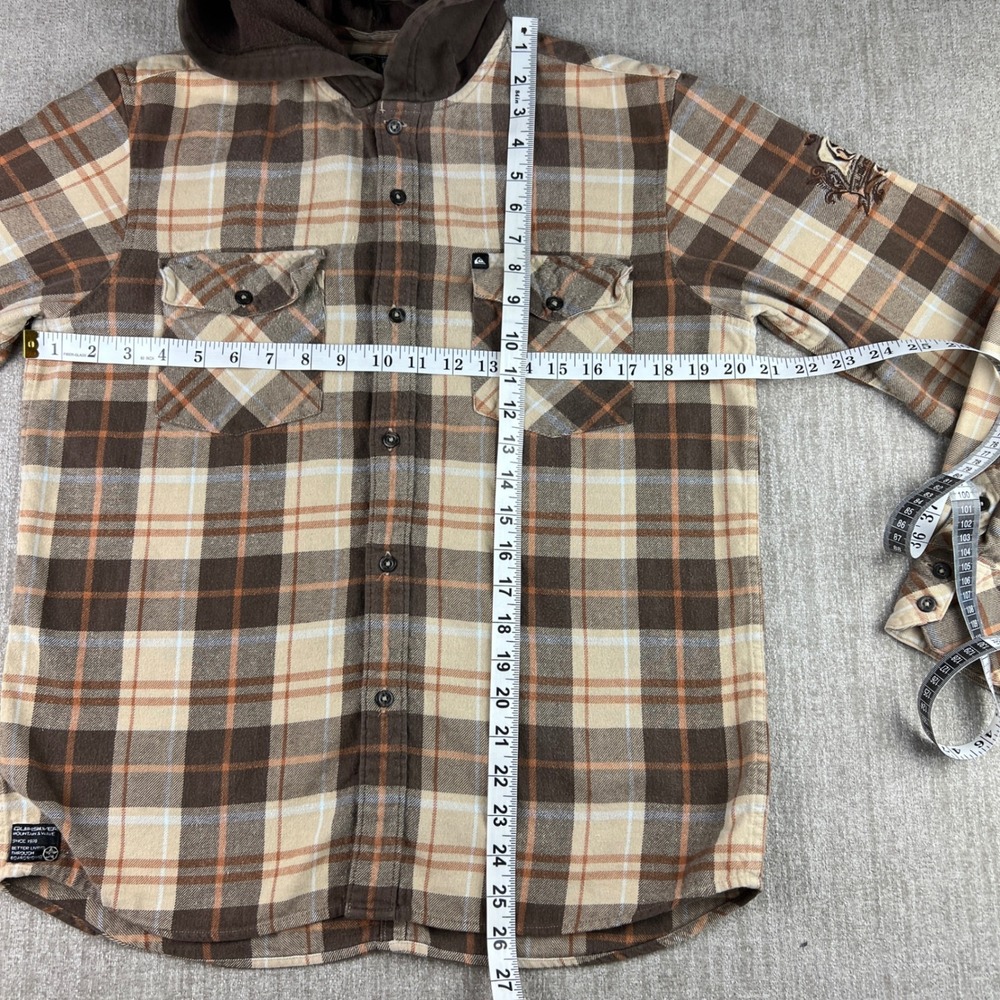 Y2K Quiksilver Hooded Flannel Shirt Mens Small Brown Plaid Skater Surf Beach - Picture 4 of 7